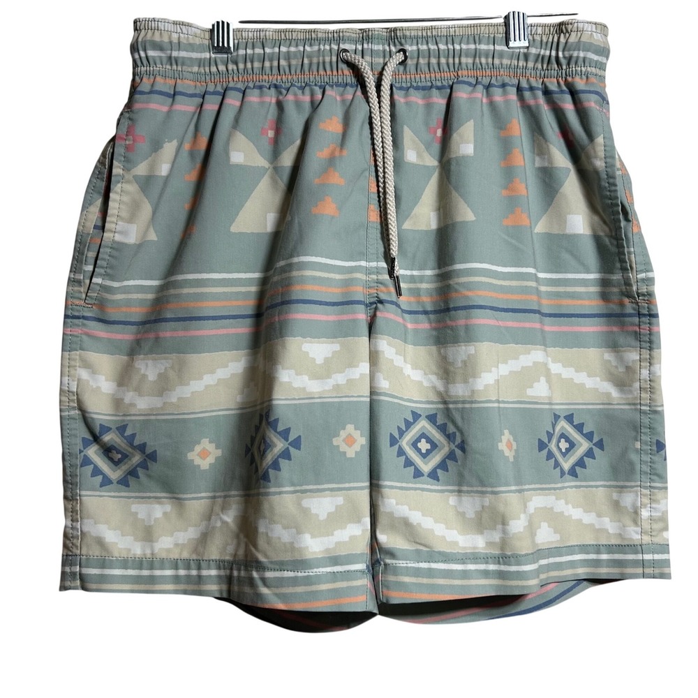 Faherty Mens Aztec Print Swim Trunks Sage Green Geometric Mesh Liner Size M